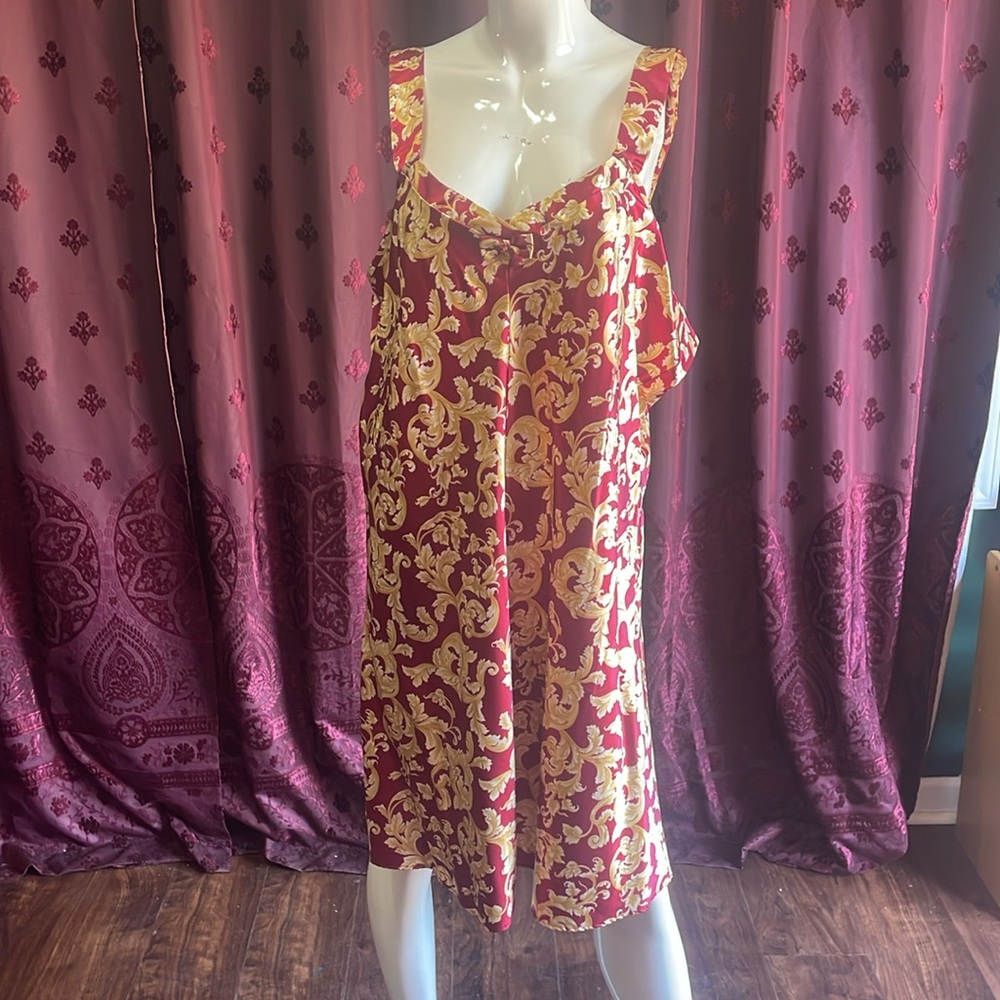 Vintage Lauren Rogers Red & Gold Satin Slip Dress Size 2X With Matching Hanger